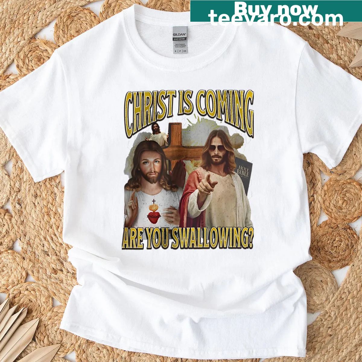 Edgy T-shirt with bold typography and humorous religious message — on a men's t-shirt