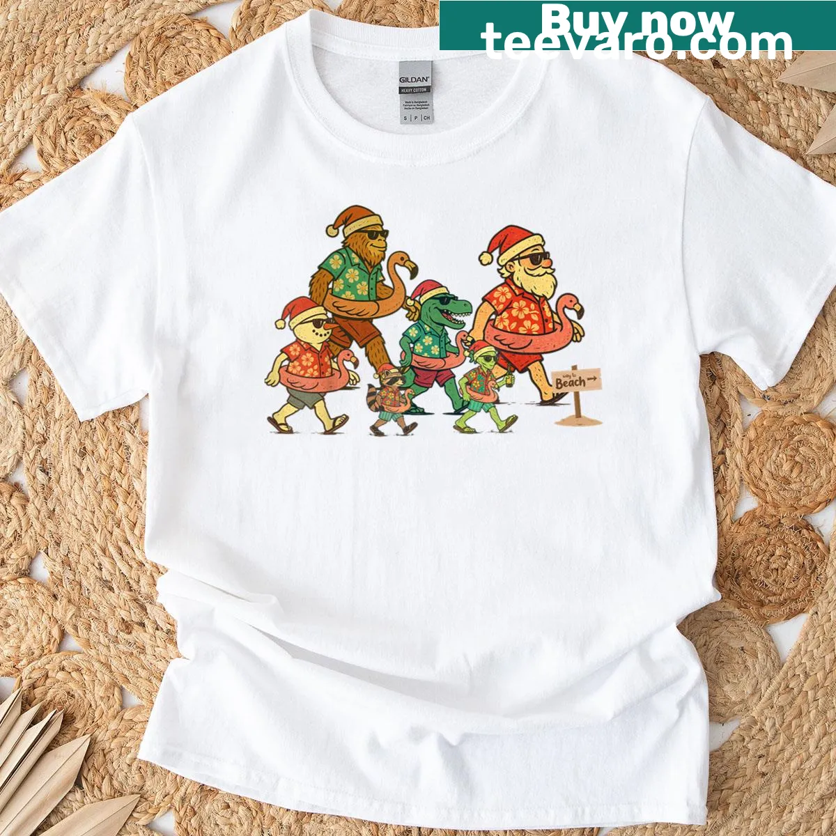 Whimsical Christmas In July design with Santa Sasquatch on T-shirt — on a men's t-shirt
