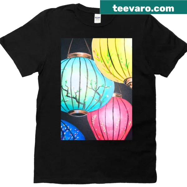 Artistic design of hanging lanterns on cultural-themed T-shirt.