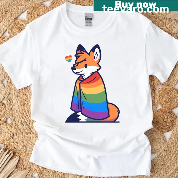 Cartoon fox with rainbow accents on a playful T-shirt
