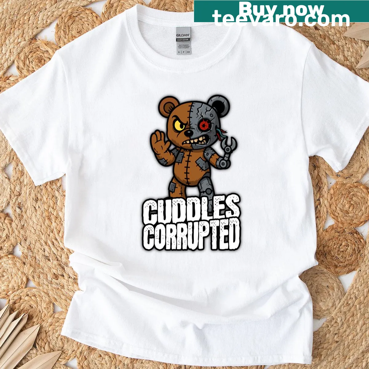 T-shirt featuring a whimsical cyborg bear character in cartoon style — on a men's t-shirt