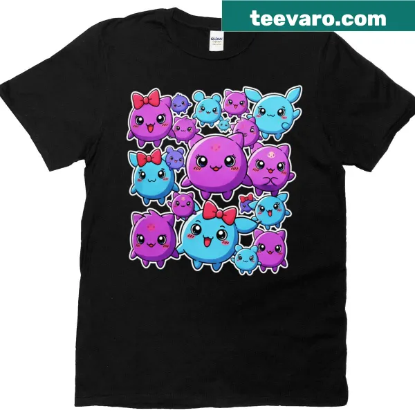 Kawaii cartoon T-shirt featuring cute blue and purple creatures