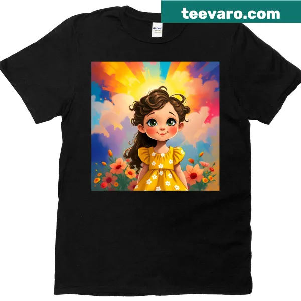 Cartoon T-shirt featuring a girl in yellow dress with white flowers