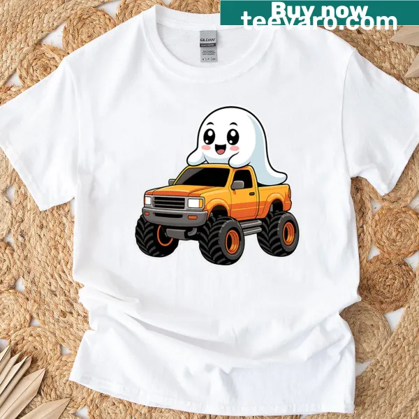 Cute Halloween T-shirt with a monster truck and ghost