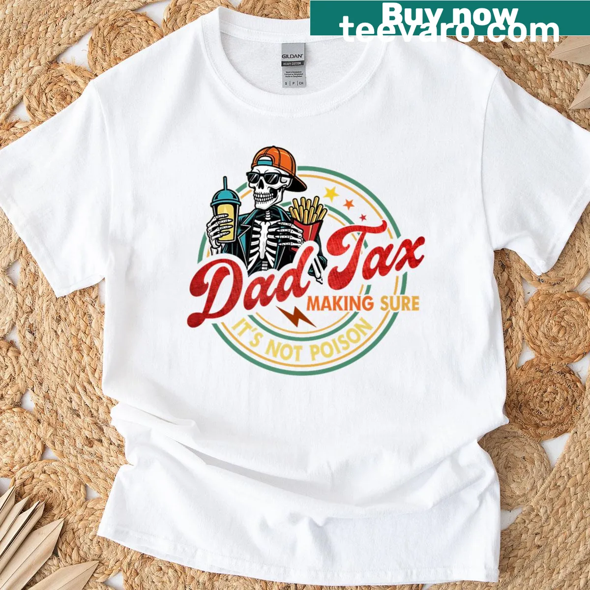 Funny t-shirt about Dad Tax with humorous text — on a men's t-shirt