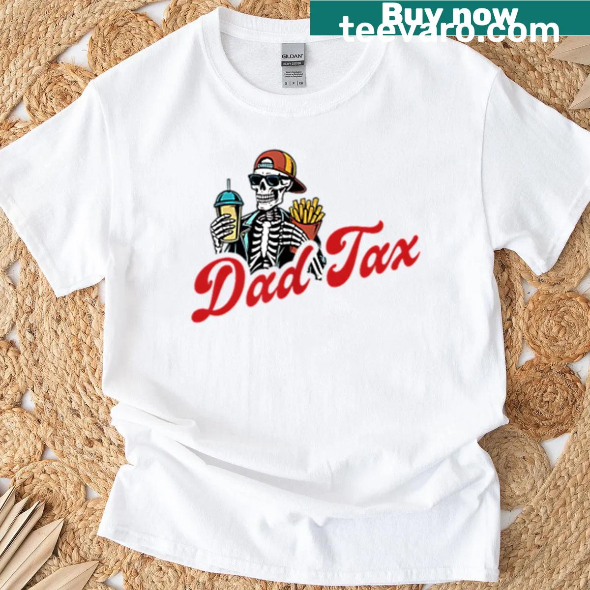 Humorous skeleton design t-shirt with Dad Tax theme — on a men's t-shirt