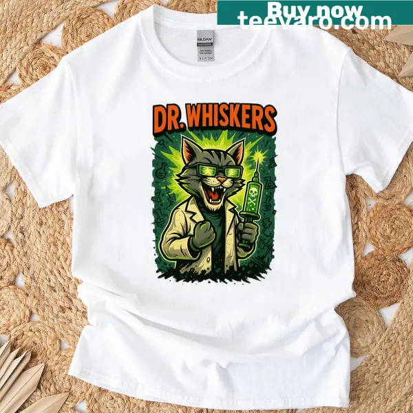 Graphic t-shirt featuring a cat named Dr. Whiskers with a science theme.