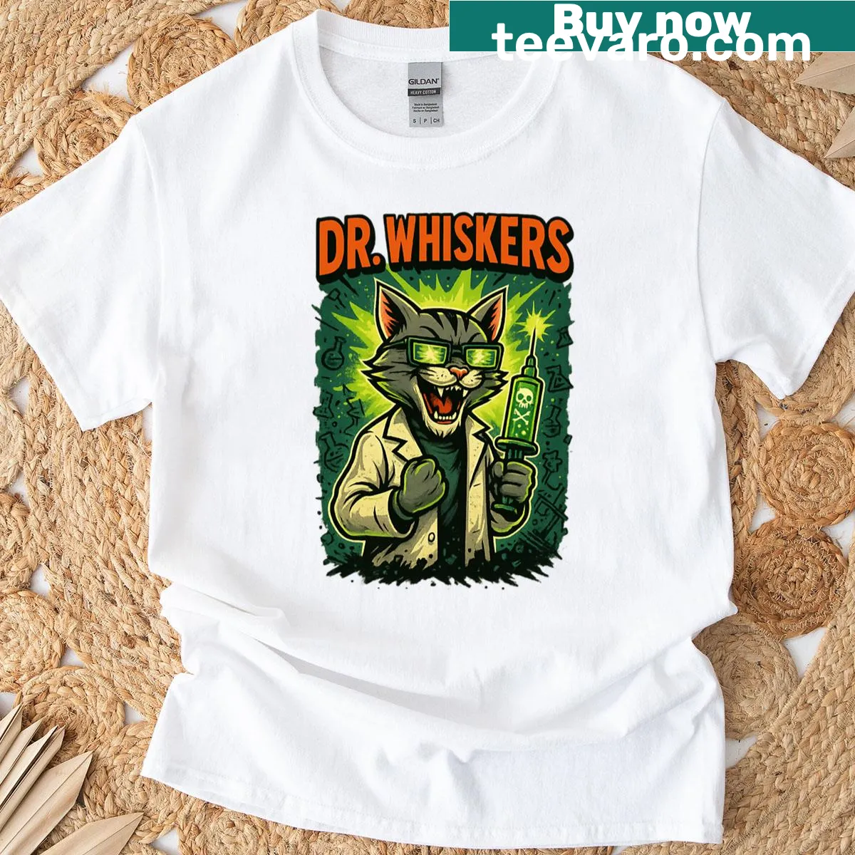 Graphic t-shirt featuring a cat named Dr. Whiskers with a science theme. — on a men's t-shirt