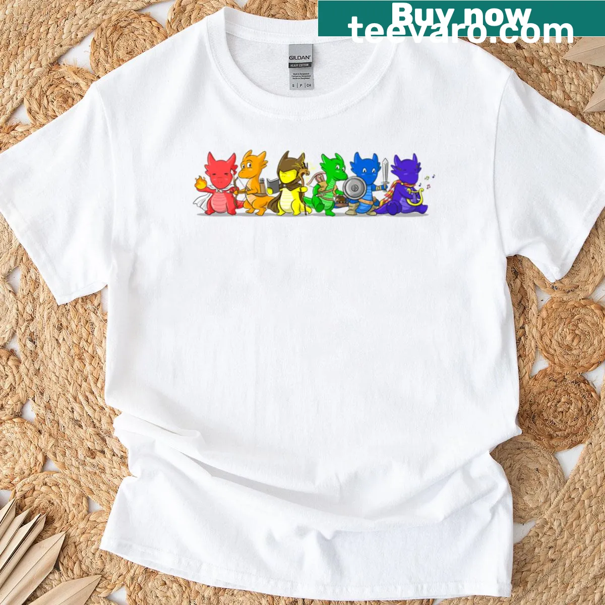 Illustrated t-shirt featuring a dragon and elements of adventure. — on a men's t-shirt