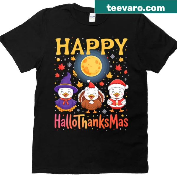 Whimsical duck dressed as a witch and Santa Claus on T-shirt