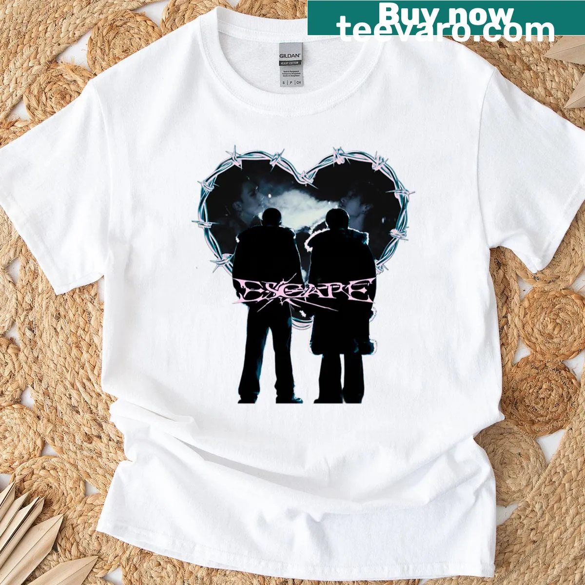Text-based Escape graphic for SKZ fans on a T-shirt — on a men's t-shirt