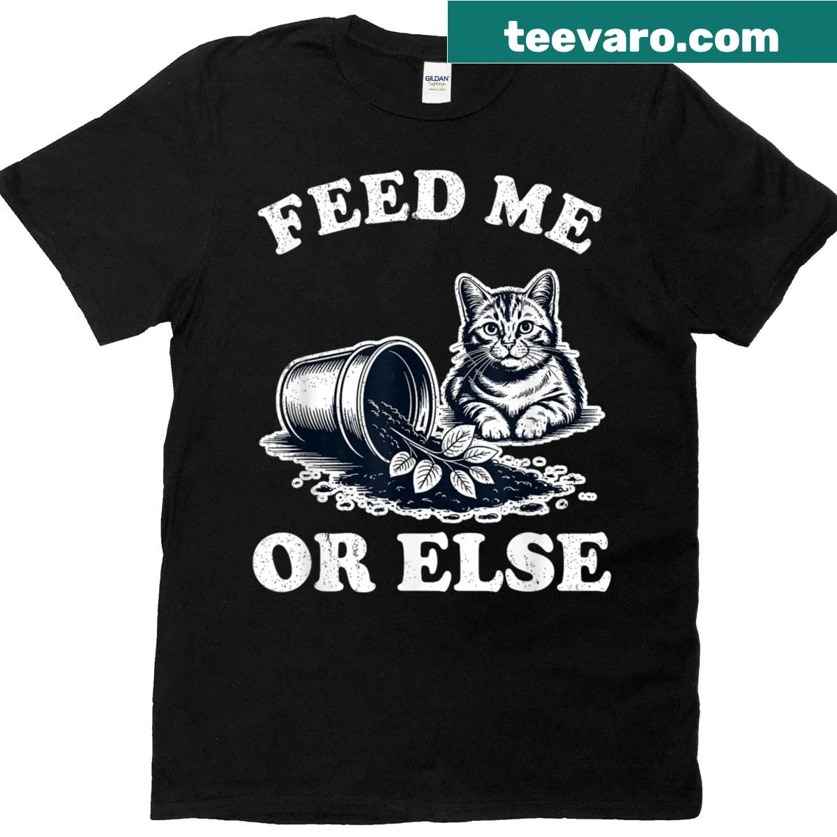 Funny cat lover T-shirt with 'Feed Me Or Else' graphic — on a men's t-shirt
