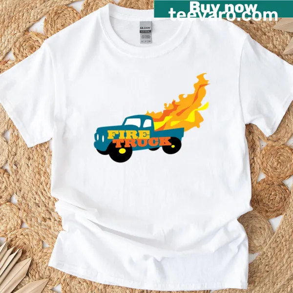 Illustration of a fire truck on a playful t-shirt