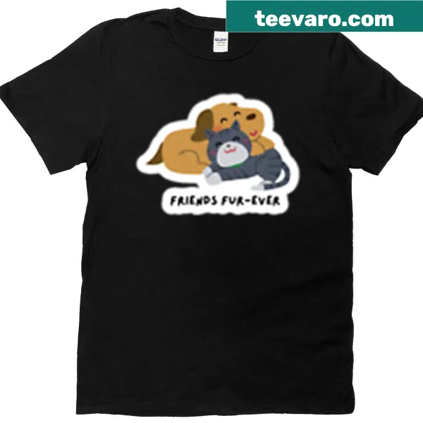Illustration of cats and dogs cuddling with 'Friends Fur-ever' text.