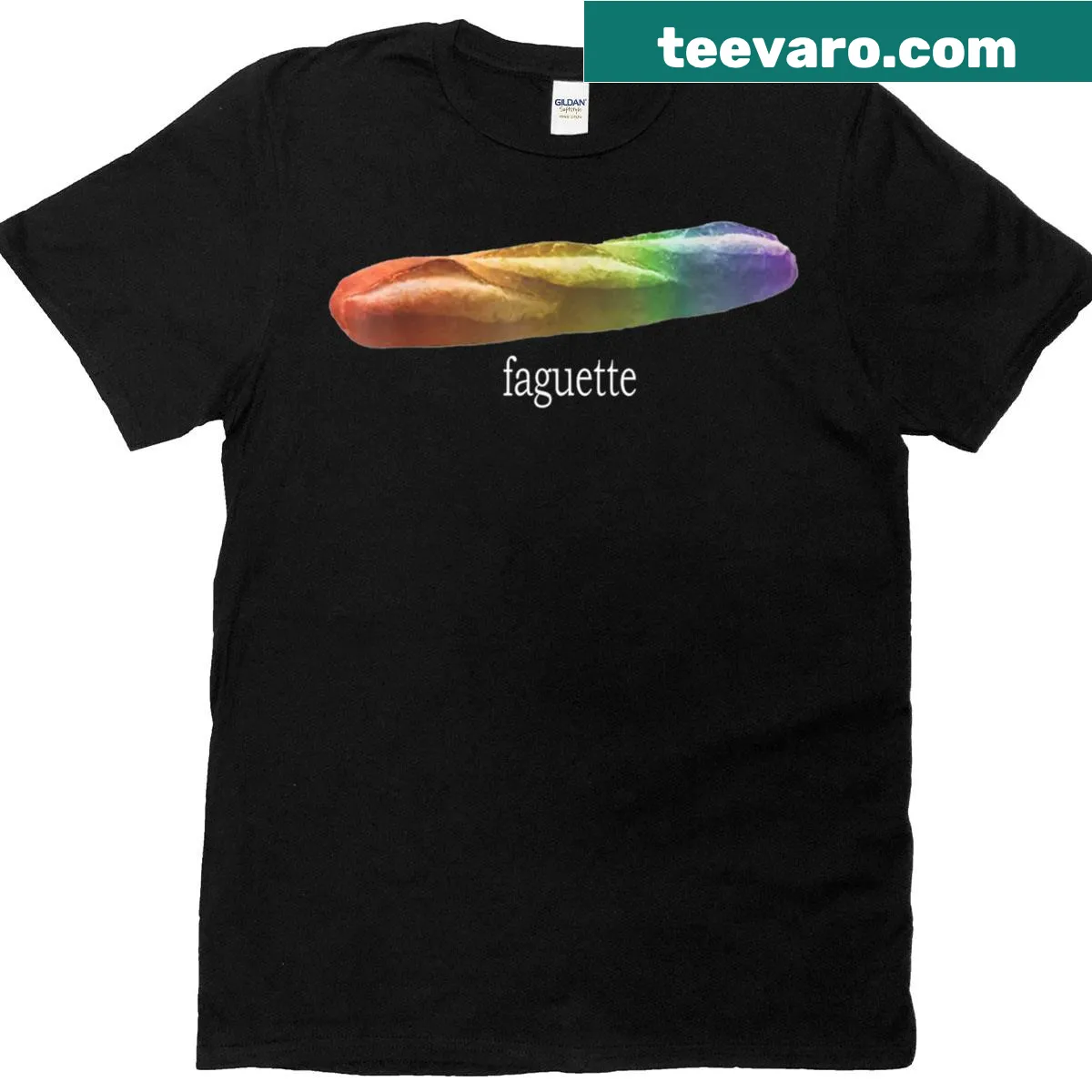 T-shirt with the phrase "Funny Baguette Rainbow Faguette" celebrating Pride Month. — on a men's t-shirt