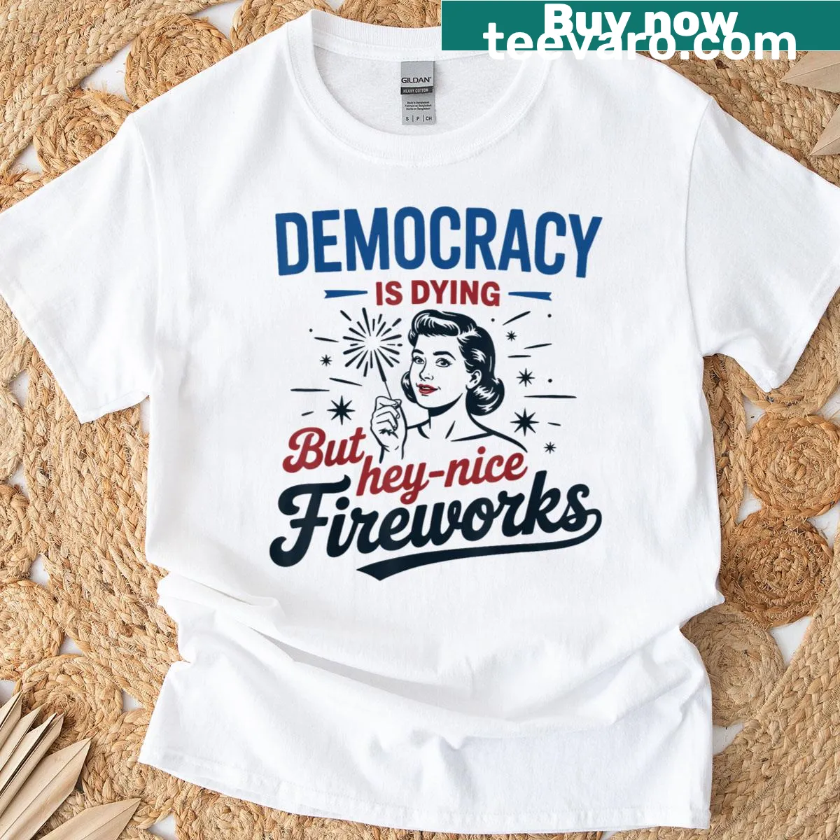 Funny political t-shirt with fireworks and the saying about democracy — on a men's t-shirt
