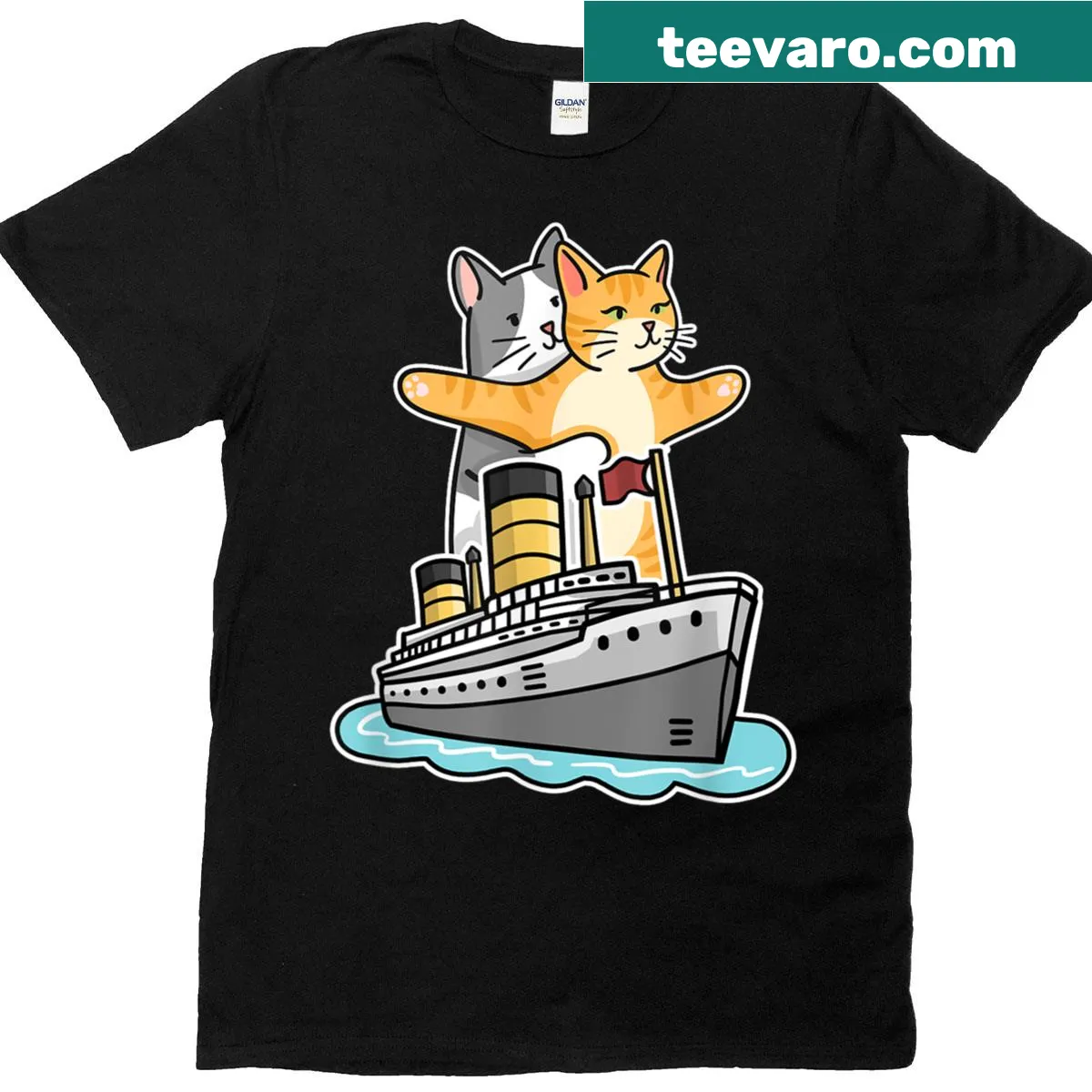 Funny Titanic Cat t-shirt featuring a cat on a ship — on a men's t-shirt