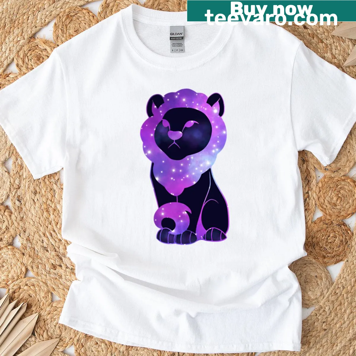 Whimsical T-shirt featuring a Leo character in a galactic theme. — on a men's t-shirt