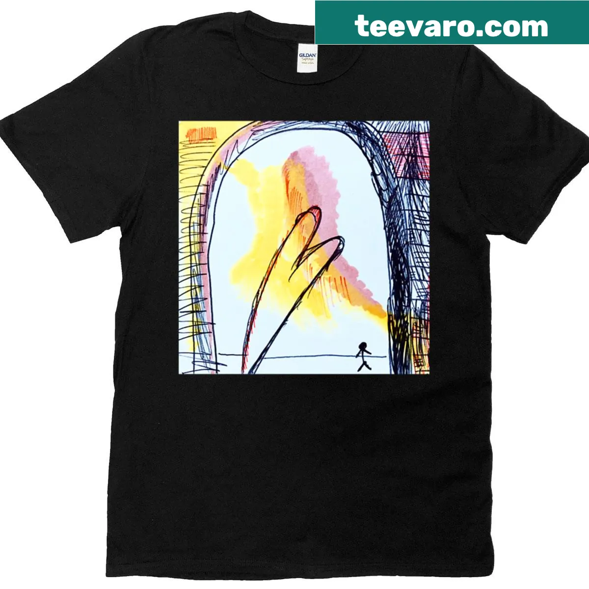 Illustrative T-shirt featuring a fantastical gate design — on a men's t-shirt