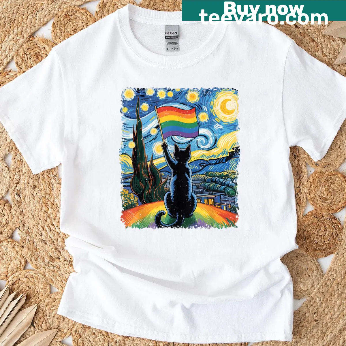 Illustration of a cat in 'Starry Night' style with pride elements — on a men's t-shirt