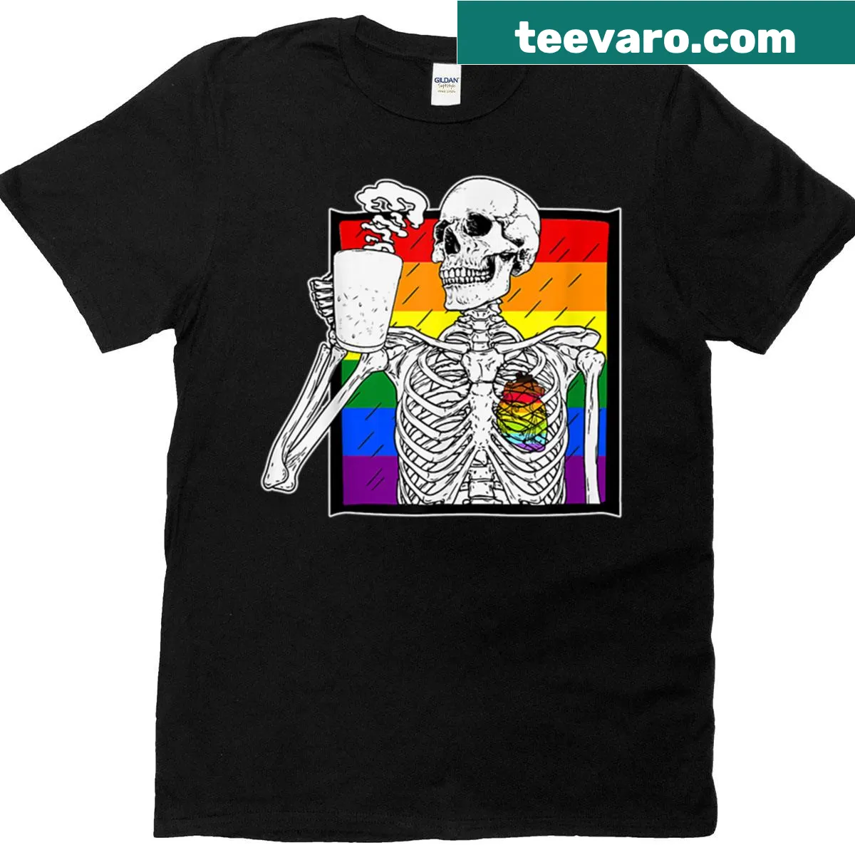Goth Skeleton pride t-shirt featuring coffee and heart symbols — on a men's t-shirt
