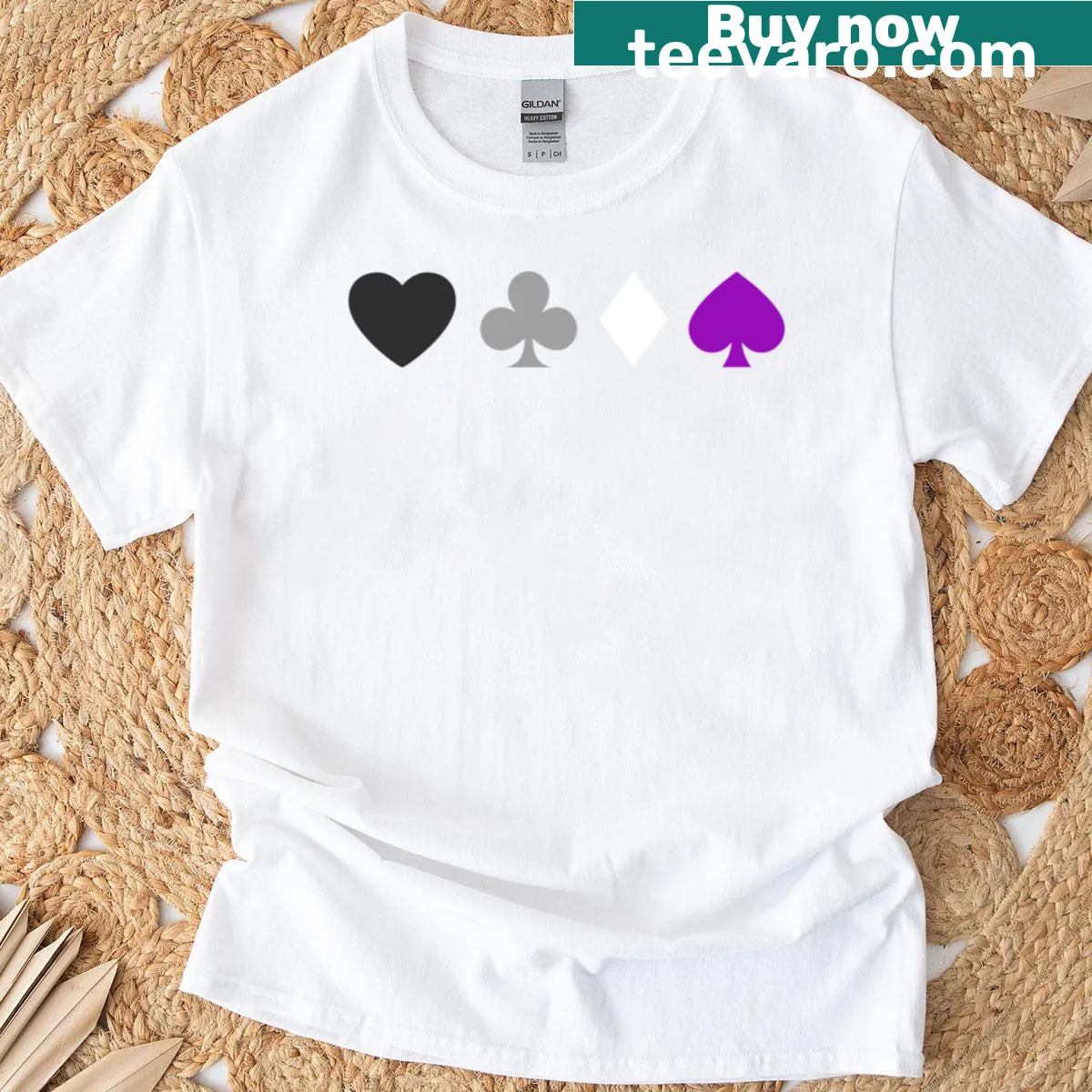 T-shirt displaying heart, diamond, and spade symbols for asexual pride — on a men's t-shirt