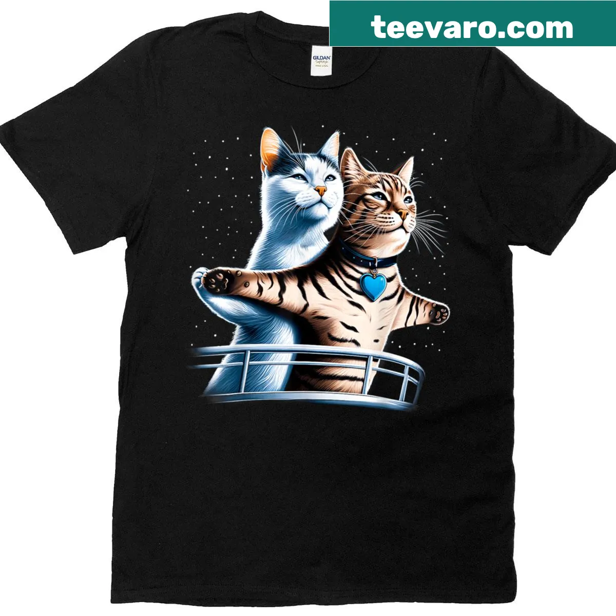 Illustrated T-shirt of cats in space resembling Titanic scene — on a men's t-shirt