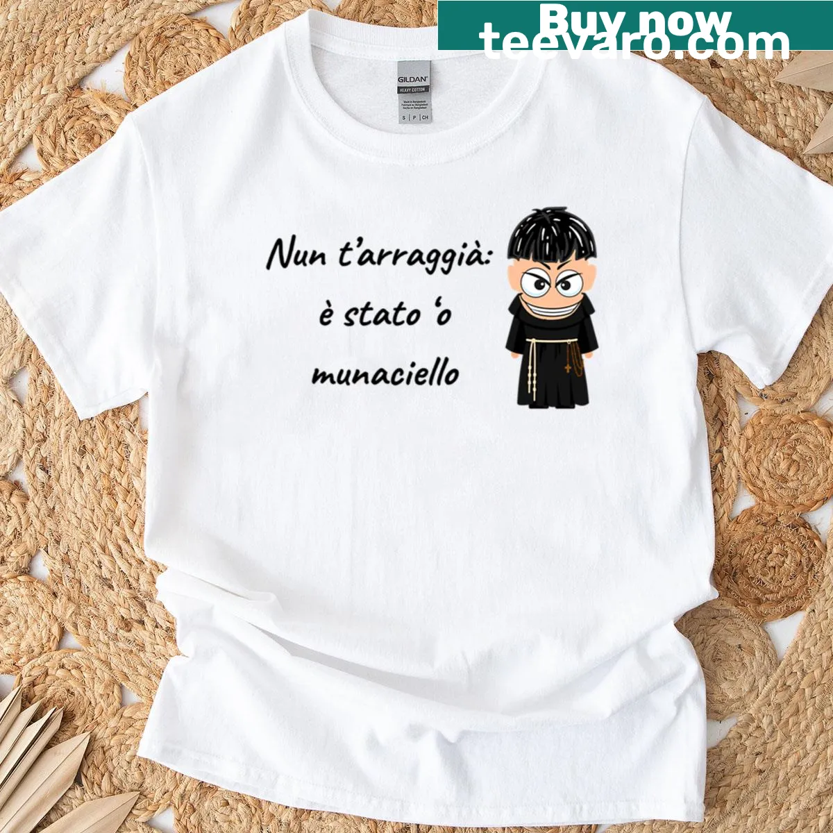 Illustrative T-shirt featuring the Munaciello character and related folklore. — on a men's t-shirt