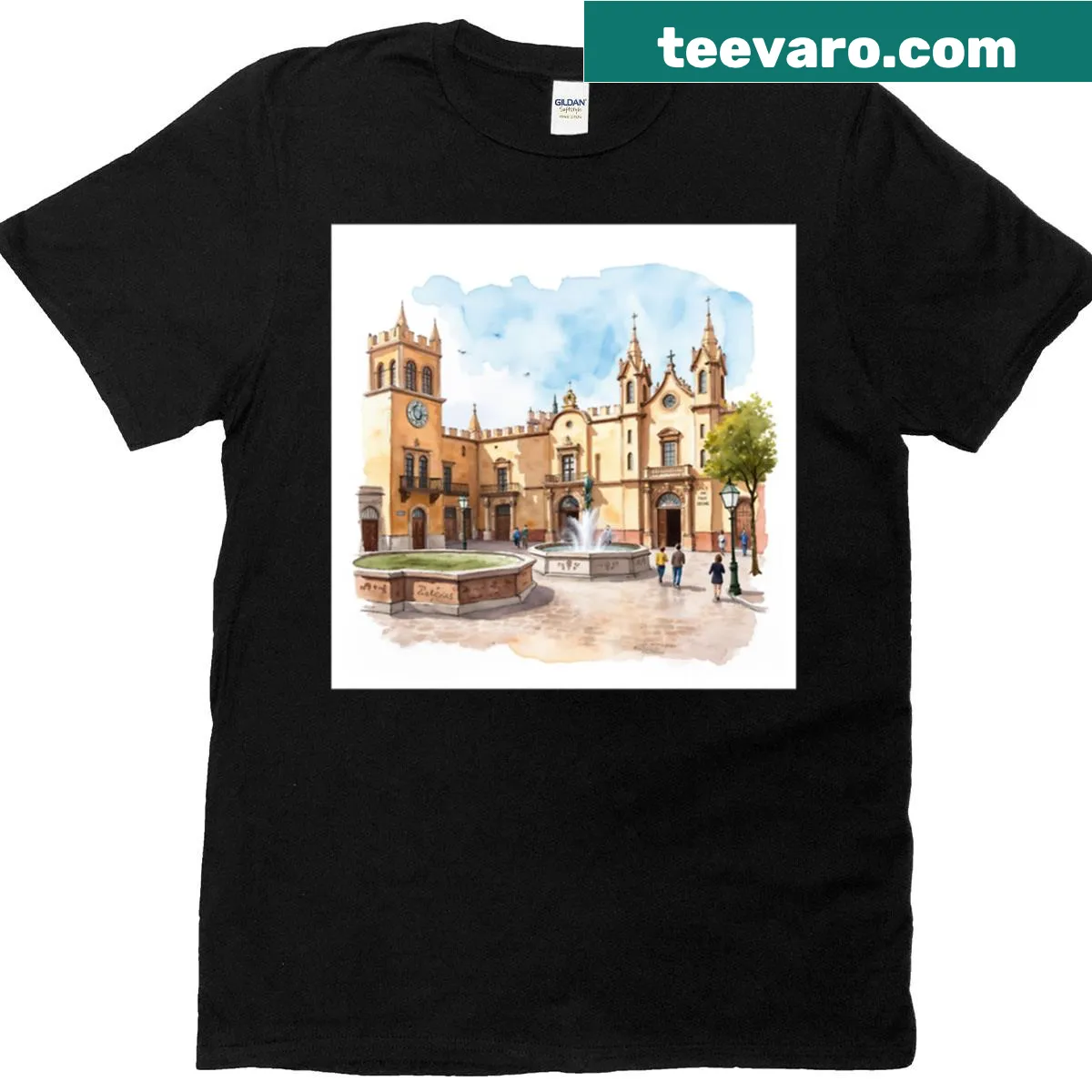 T-shirt with an illustration of Sevilla's Plaza De España — on a men's t-shirt