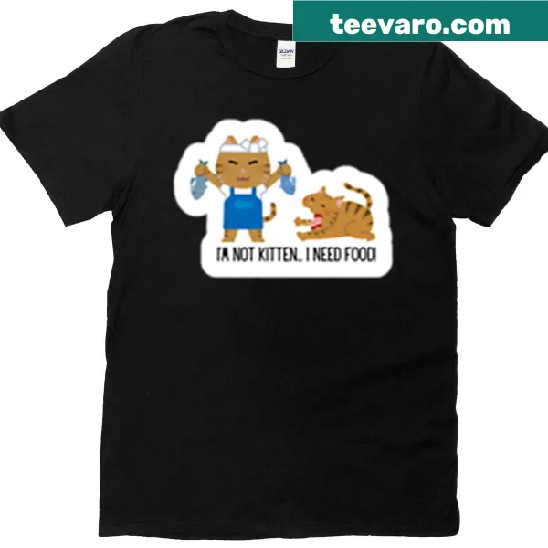 Cat pun T-shirt with humorous text about needing food