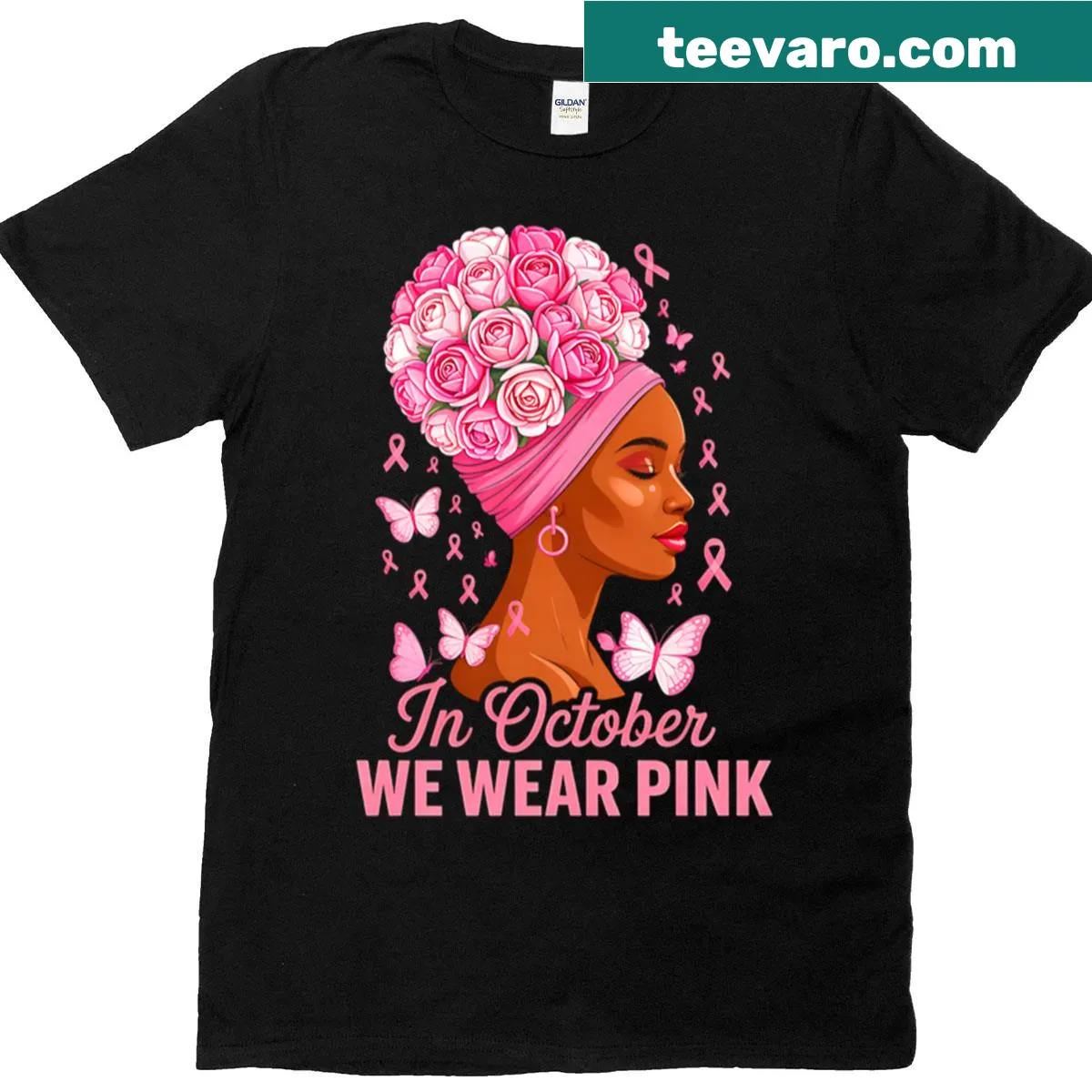 Breast cancer awareness T-shirt with 'In October We Wear Pink' text — on a men's t-shirt