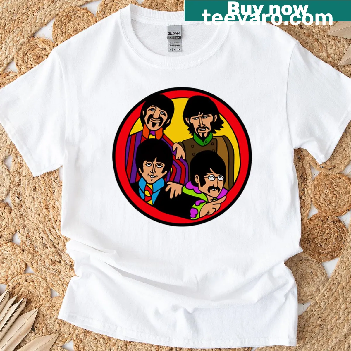 Yellow Submarine character t-shirt featuring Beatles illustrations — on a men's t-shirt