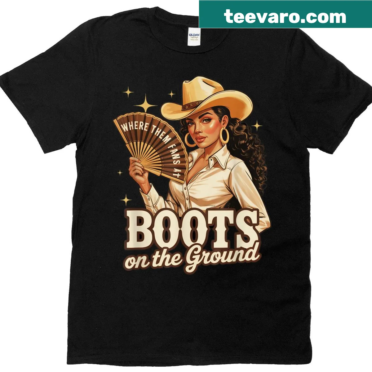Western style cowgirl illustration with melanin pride text — on a men's t-shirt