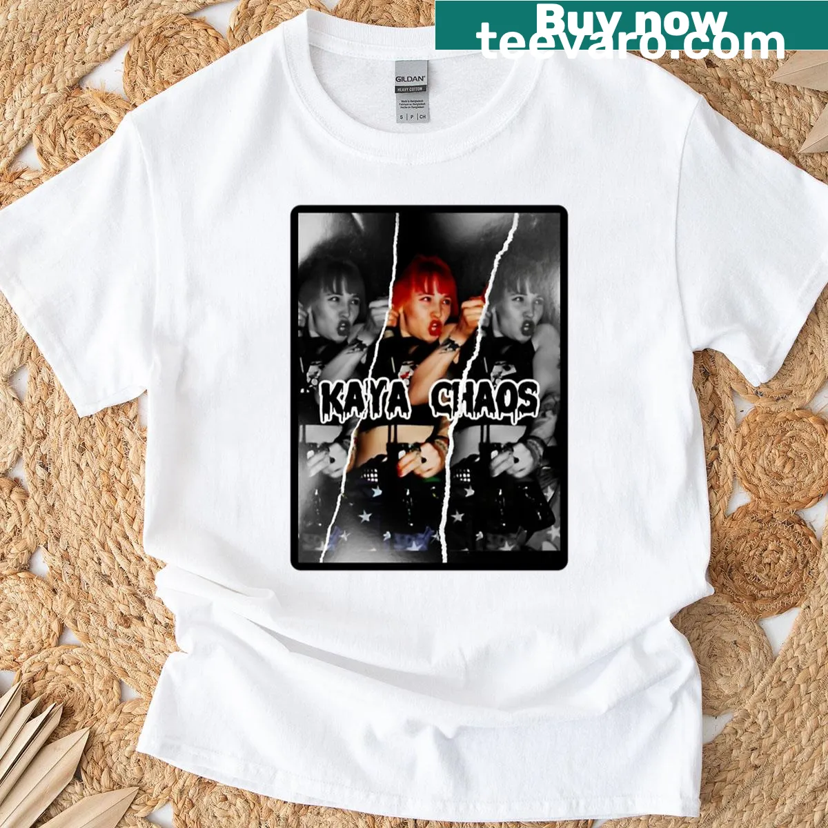 Vintage-style t-shirt featuring Kaya Chaos and Deviant Behavior band graphics. — on a men's t-shirt