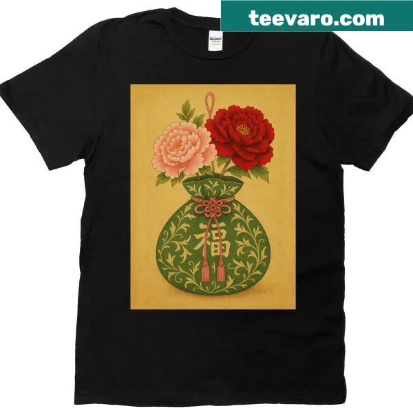 Illustration of a lucky pouch with peonies on a t-shirt