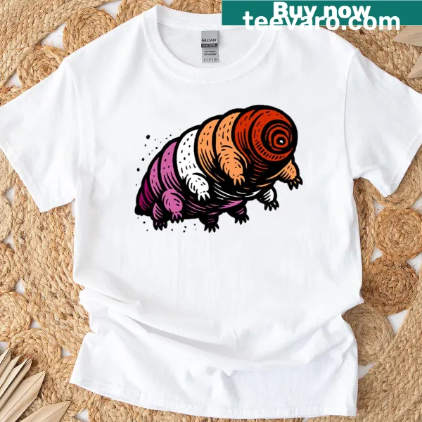 Cartoon tardigrade with lesbian pride flag on t-shirt