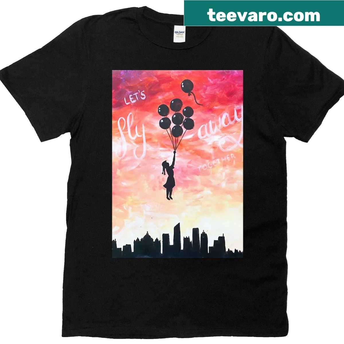 Silhouette T-shirt with a girl and balloons floating over a city, evoking adventure. — on a men's t-shirt