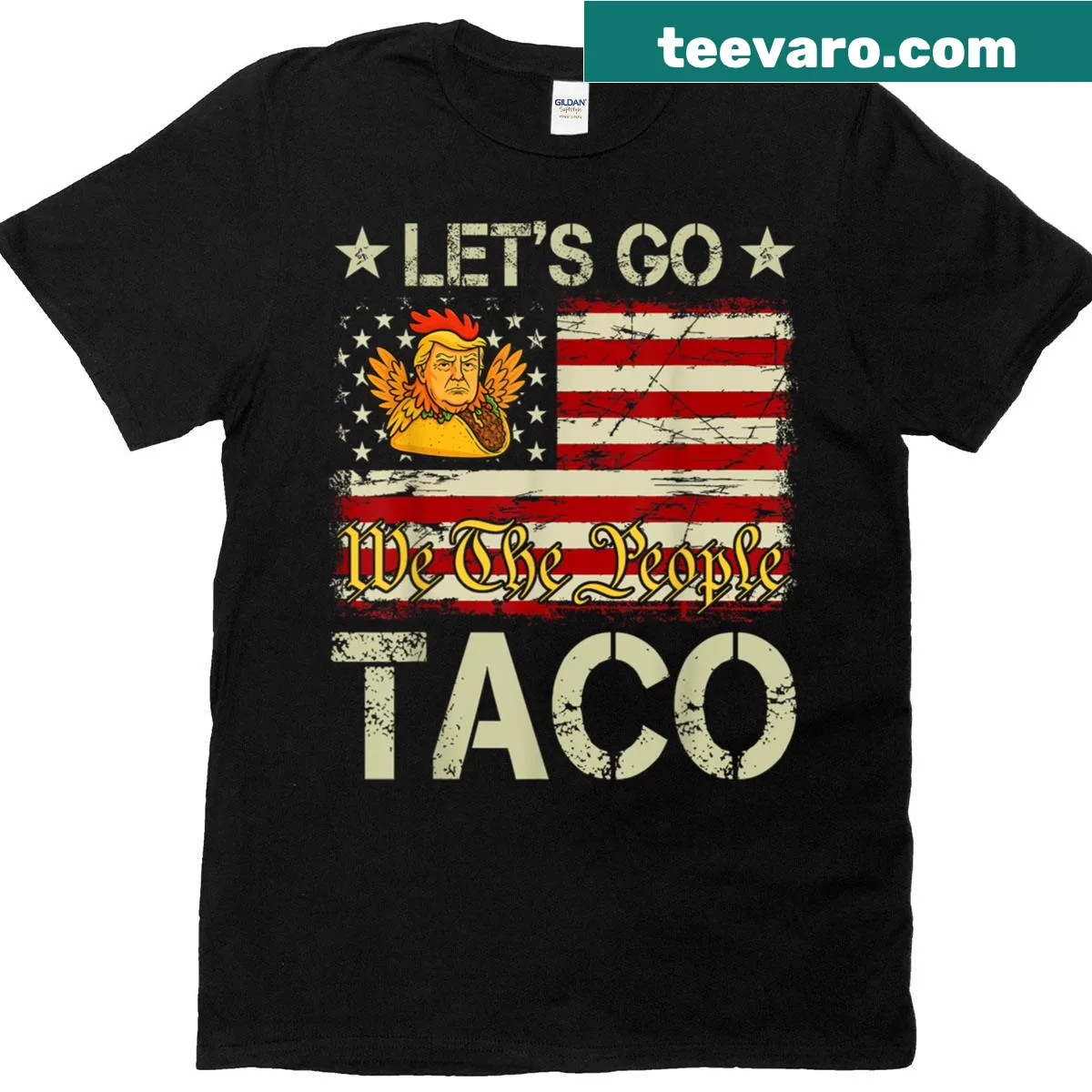 T-shirt with the repeated phrase Let's Go Taco — on a men's t-shirt