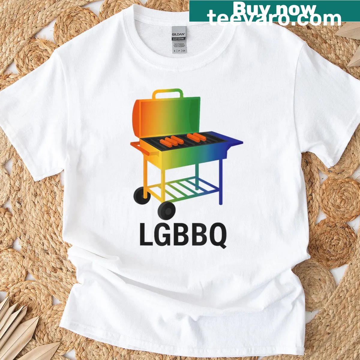 Funny BBQ-themed LGBTQ+ t-shirt with rainbow grill illustration — on a men's t-shirt