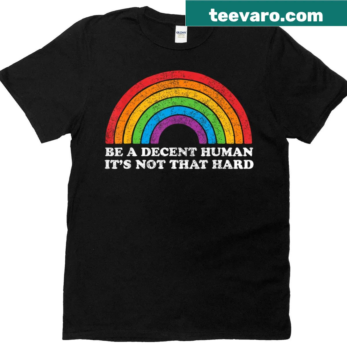LGBTQ Pride T-shirt with the message 'Be A Decent Human, It's Not That Hard' — on a men's t-shirt