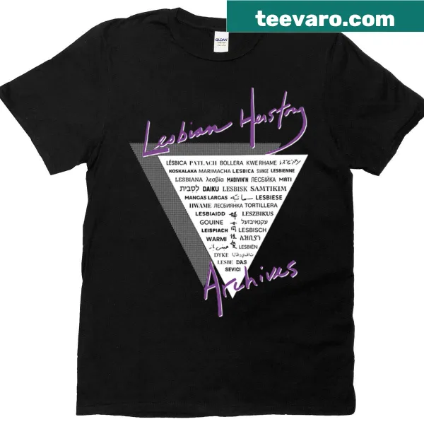 T-shirt featuring 'Lesbian' in 40 languages within a triangle design