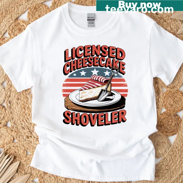 Cartoon cheesecake shoveler graphic on patriotic T-shirt