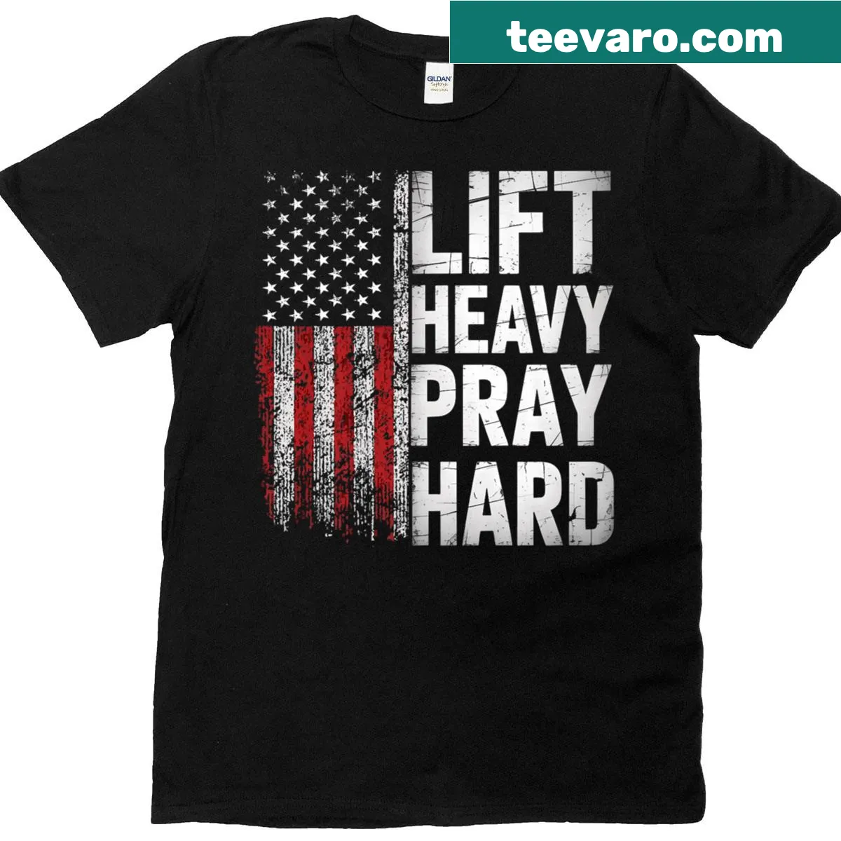 Funny T-shirt with 'Lift Heavy Pray Hard' promoting fitness and faith. — on a men's t-shirt