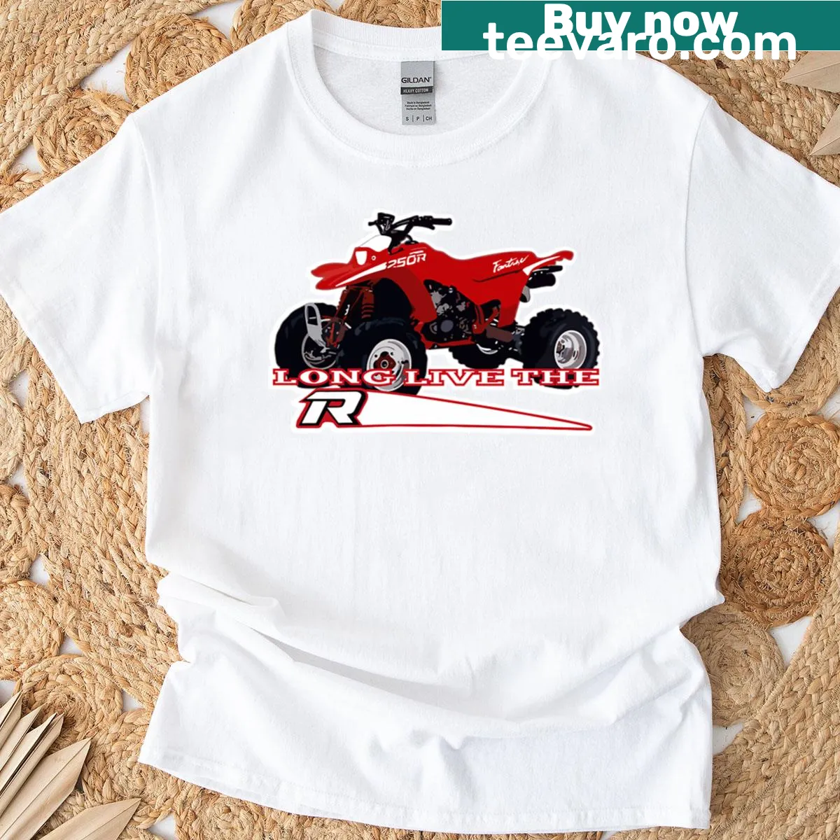 Bold emblem graphic honoring the 250r motorcycle on a T-shirt. — on a men's t-shirt