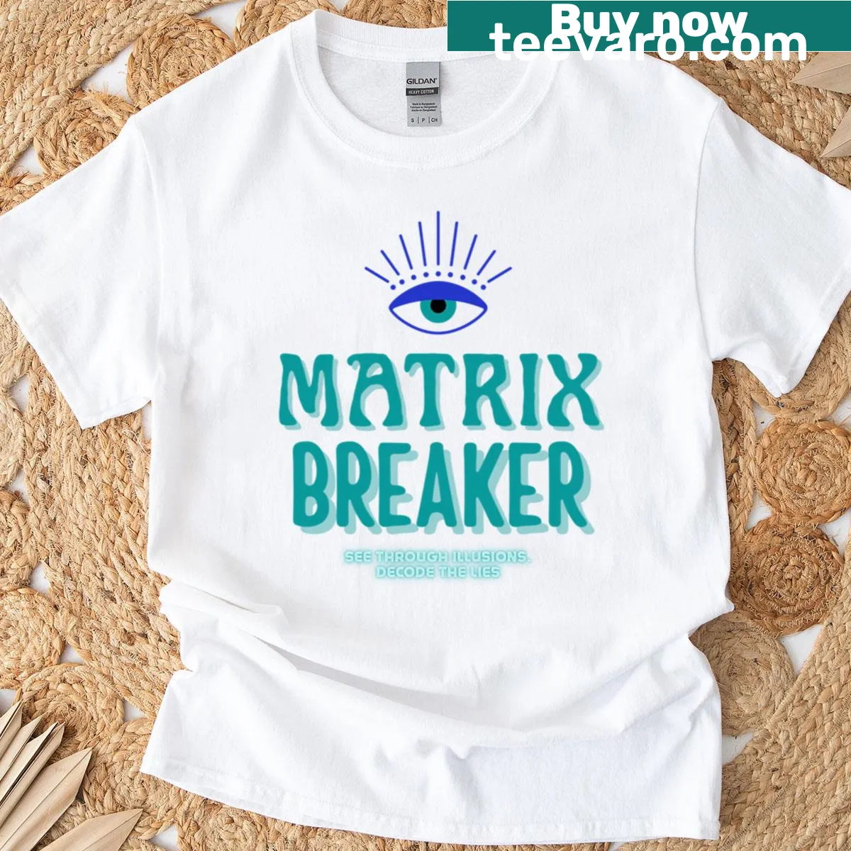 Third Eye graphic t-shirt inspired by the Matrix with bold typography — on a men's t-shirt