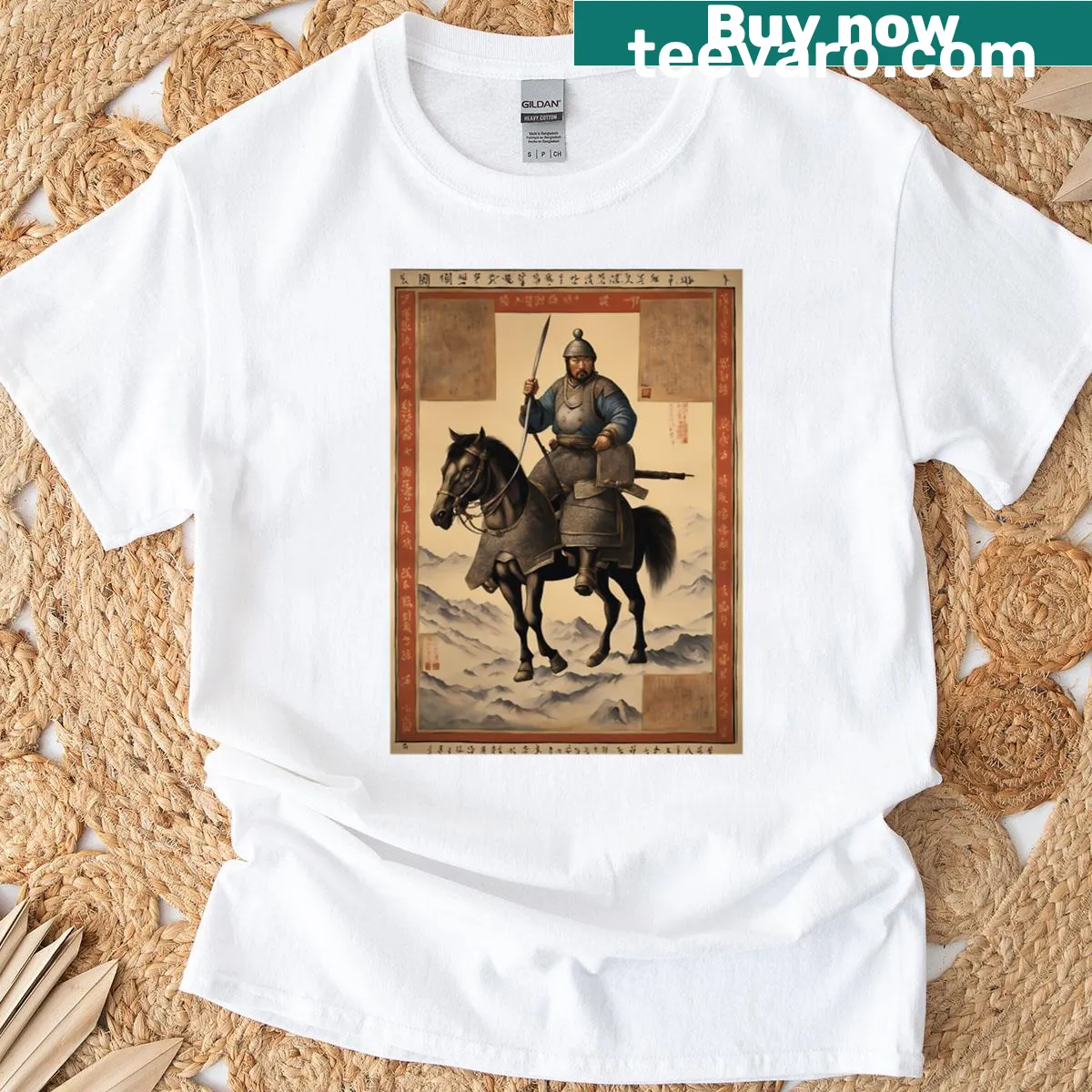 Mongol t-shirt featuring playful historical graphics — on a men's t-shirt