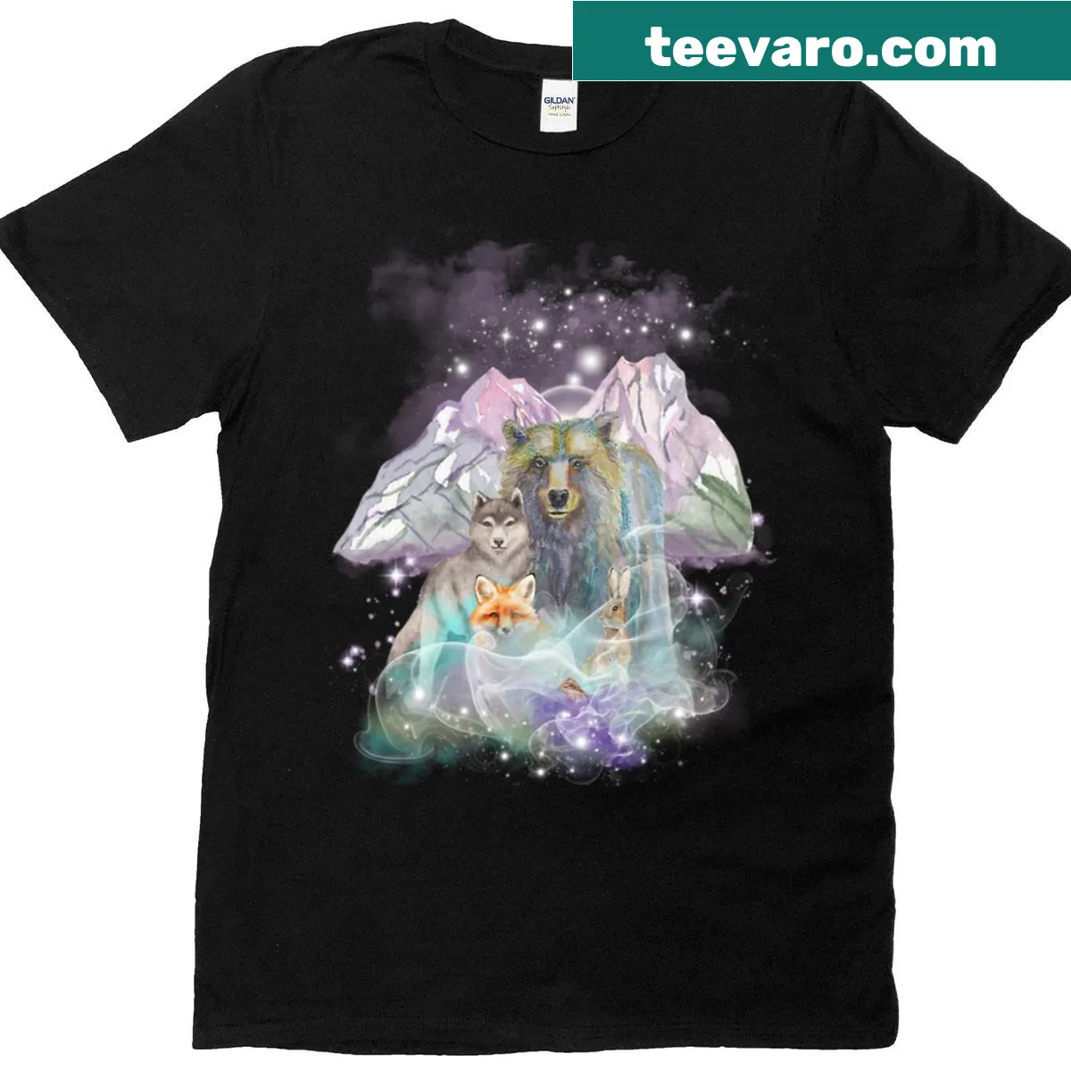 Mountain animals in mist graphic on T-shirt featuring silhouettes of wildlife — on a men's t-shirt