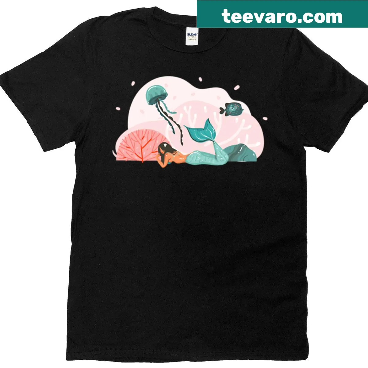 Whimsical pastel mermaid graphic on oversized T-shirt — on a men's t-shirt