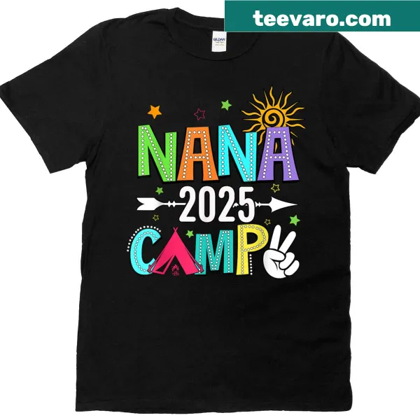 Illustration of 'Nana Camp 2025' on kids' camping T-shirt