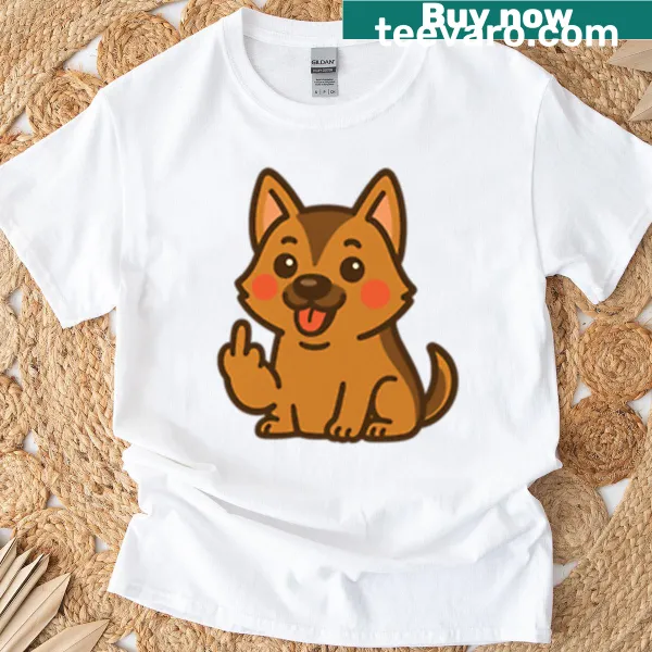 Humorous T-shirt with a playful illustration of a naughty German Shepherd